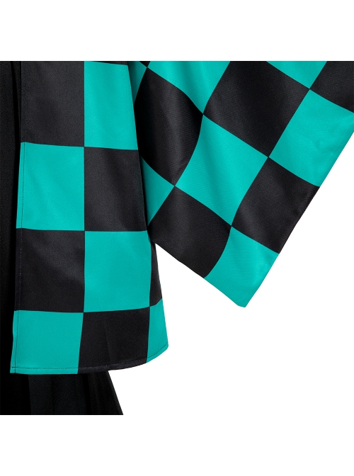 Demon Slayer Kamado Tanjirou Halloween Cosplay Costume Black Green Plaid Printing Cloak Set