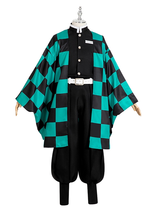 Demon Slayer Kamado Tanjirou Halloween Cosplay Costume Black Green Plaid Printing Cloak Set