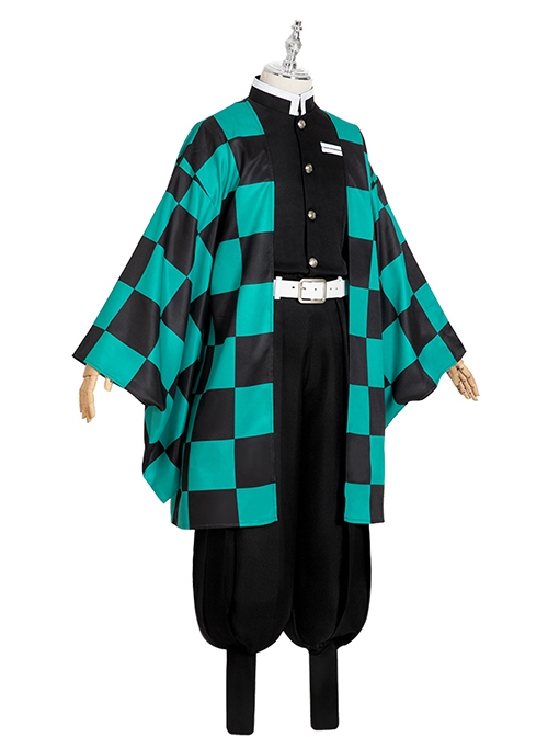 Demon Slayer Kamado Tanjirou Halloween Cosplay Costume Black Green Plaid Printing Cloak Set