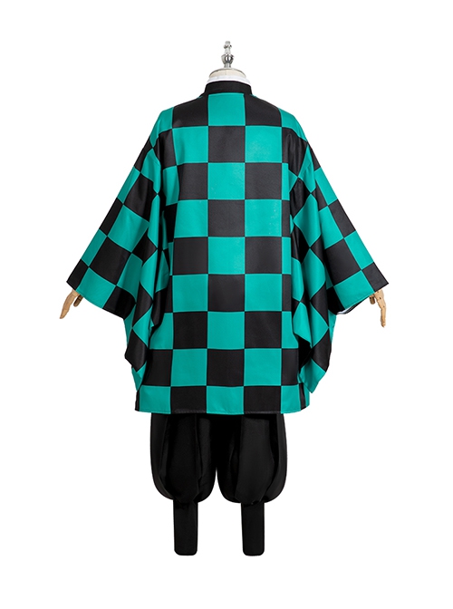 Demon Slayer Kamado Tanjirou Halloween Cosplay Costume Black Green Plaid Printing Cloak Set