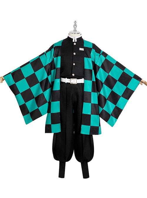 Demon Slayer Kamado Tanjirou Halloween Cosplay Costume Black Green Plaid Printing Cloak Set