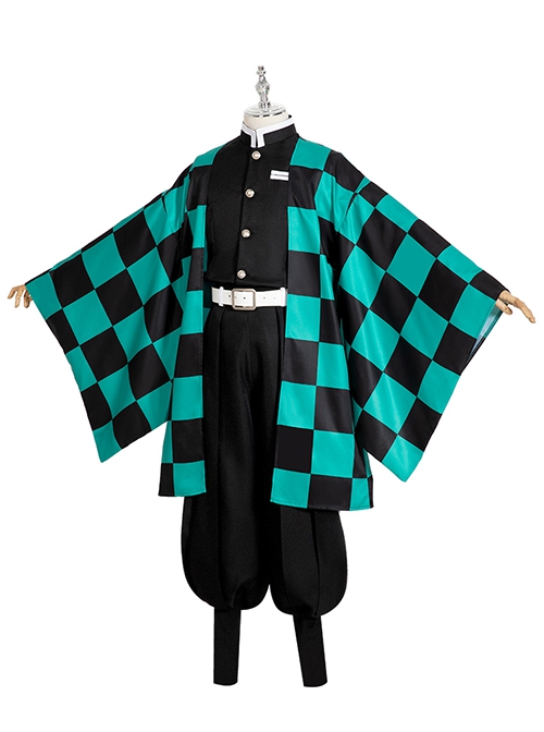 Demon Slayer Kamado Tanjirou Halloween Cosplay Costume Black Green Plaid Printing Cloak Set