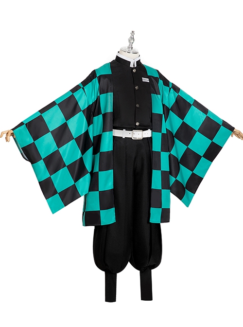 Demon Slayer Kamado Tanjirou Halloween Cosplay Costume Black Green Plaid Printing Cloak Set