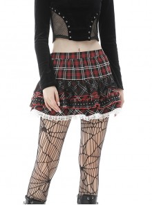 Punk Red White Plaid Lace Stitching Double Layer Cake Pleated Sweet Mini Skirt
