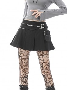 Punk Rock Pleated Square Buckle Belt With Decorative Metal Chain Mini Skirt With The Bag