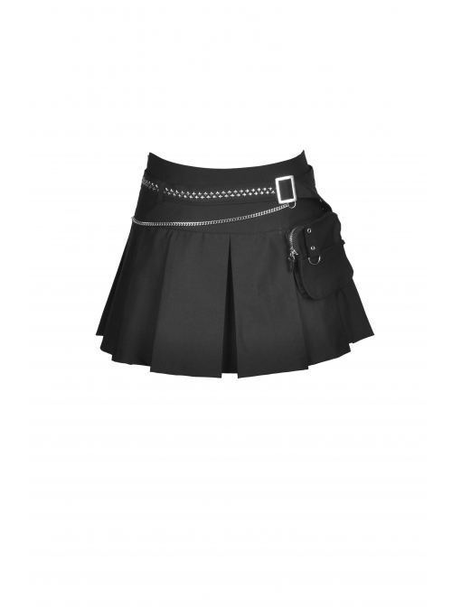 Punk Rock Pleated Square Buckle Belt With Decorative Metal Chain Mini Skirt With The Bag