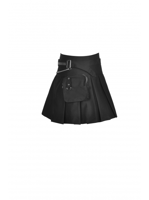 Punk Rock Pleated Square Buckle Belt With Decorative Metal Chain Mini Skirt With The Bag