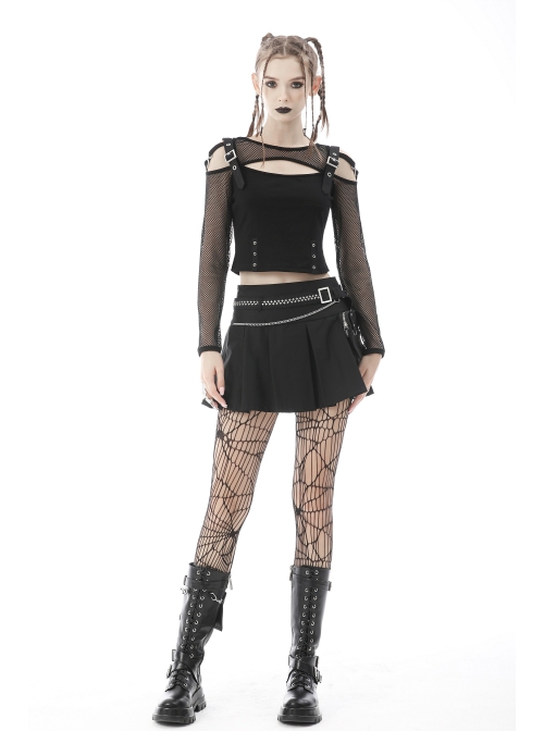 Punk Rock Pleated Square Buckle Belt With Decorative Metal Chain Mini Skirt With The Bag