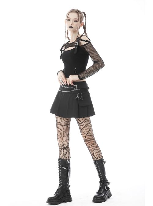 Punk Rock Pleated Square Buckle Belt With Decorative Metal Chain Mini Skirt With The Bag