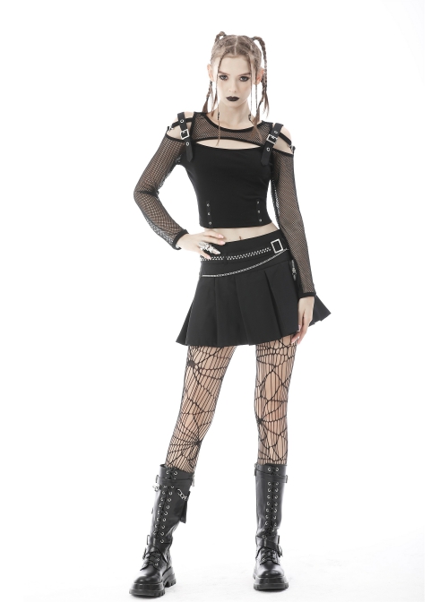 Punk Rock Pleated Square Buckle Belt With Decorative Metal Chain Mini Skirt With The Bag