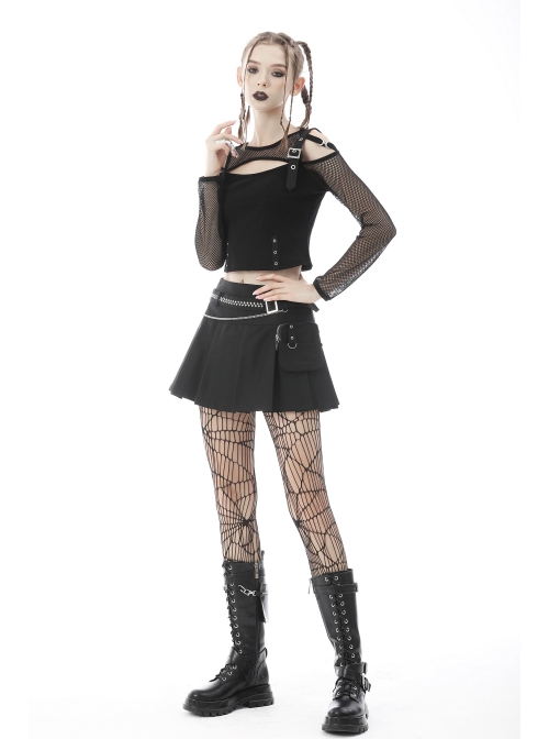 Punk Rock Pleated Square Buckle Belt With Decorative Metal Chain Mini Skirt With The Bag