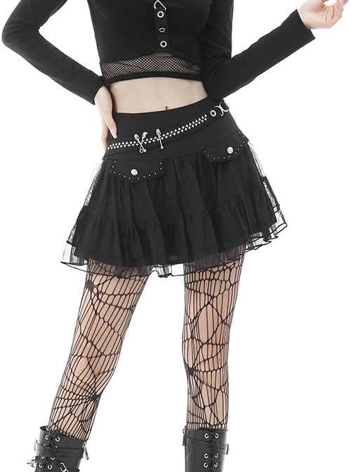 Punk Lace Mesh Pleated Lace Large Metal Pin Decoration Trim Mini Skirt