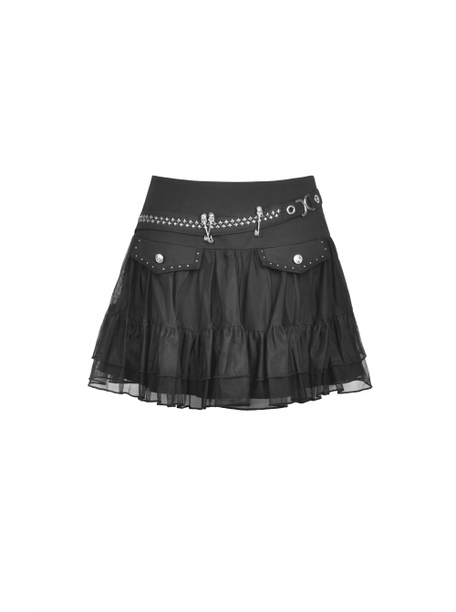 Punk Lace Mesh Pleated Lace Large Metal Pin Decoration Trim Mini Skirt