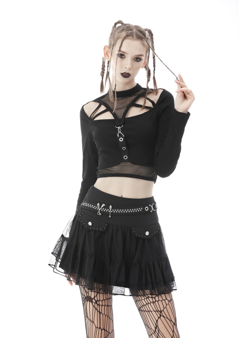 Punk Lace Mesh Pleated Lace Large Metal Pin Decoration Trim Mini Skirt