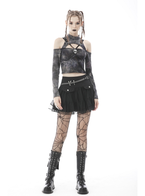 Punk Lace Mesh Pleated Lace Large Metal Pin Decoration Trim Mini Skirt