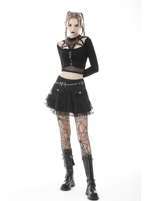 Punk Lace Mesh Pleated Lace Large Metal Pin Decoration Trim Mini Skirt