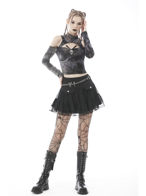 Punk Lace Mesh Pleated Lace Large Metal Pin Decoration Trim Mini Skirt