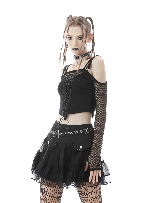 Punk Lace Mesh Pleated Lace Large Metal Pin Decoration Trim Mini Skirt