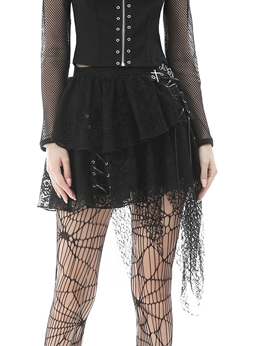 Punk Lace Double Layer Lace Cross Rope Design Metal Cross Decoration Irregular Mini Skirt