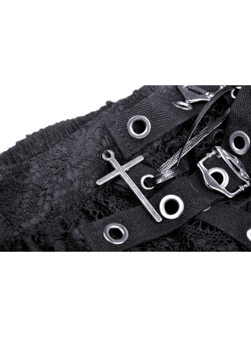 Punk Lace Double Layer Lace Cross Rope Design Metal Cross Decoration Irregular Mini Skirt