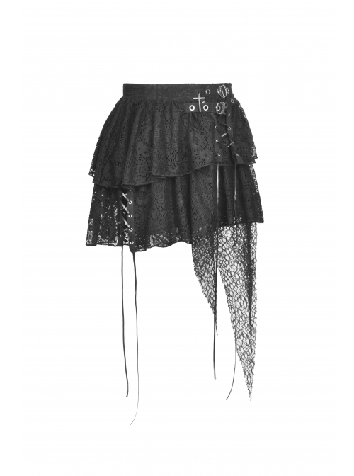 Punk Lace Double Layer Lace Cross Rope Design Metal Cross Decoration Irregular Mini Skirt