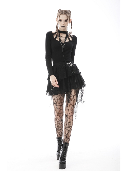 Punk Lace Double Layer Lace Cross Rope Design Metal Cross Decoration Irregular Mini Skirt