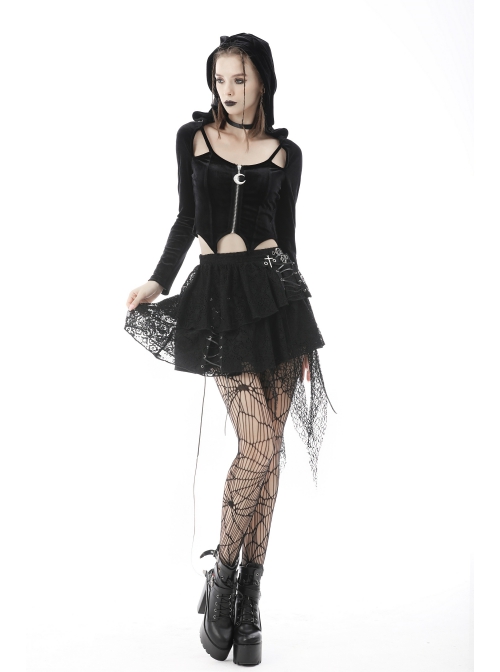 Punk Lace Double Layer Lace Cross Rope Design Metal Cross Decoration Irregular Mini Skirt