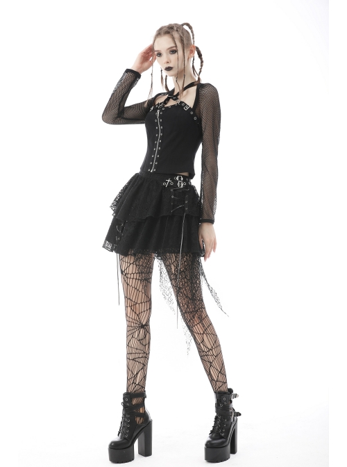 Punk Lace Double Layer Lace Cross Rope Design Metal Cross Decoration Irregular Mini Skirt