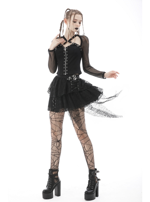 Punk Lace Double Layer Lace Cross Rope Design Metal Cross Decoration Irregular Mini Skirt