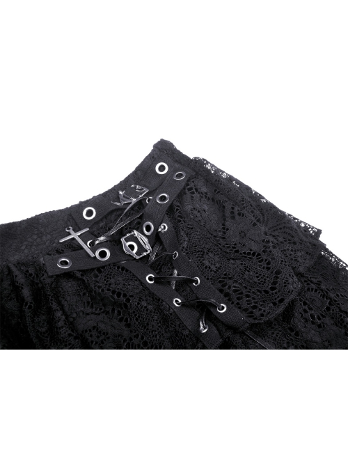 Punk Lace Double Layer Lace Cross Rope Design Metal Cross Decoration Irregular Mini Skirt