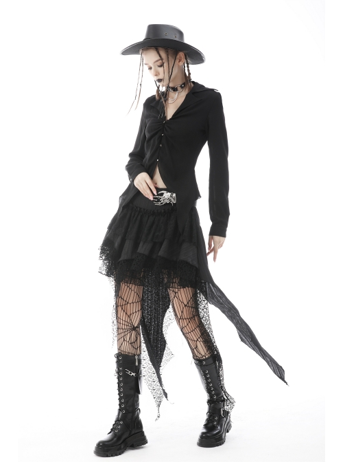 Punk Double Lace Embroidered Printed Pleats Irregular Cut Design Short Skirt