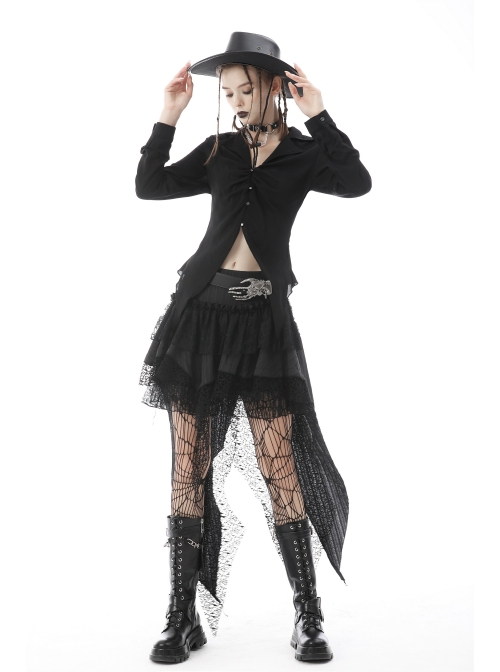 Punk Double Lace Embroidered Printed Pleats Irregular Cut Design Short Skirt
