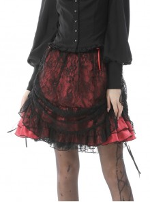 Women Lace Embroidered Print Pleated Trim Red Cross Straps Sexy Mini Skirt
