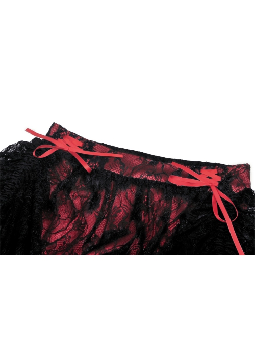 Women Lace Embroidered Print Pleated Trim Red Cross Straps Sexy Mini Skirt