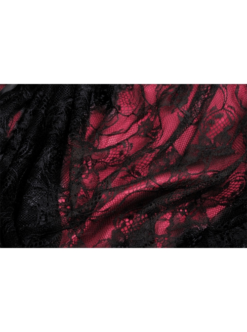 Women Lace Embroidered Print Pleated Trim Red Cross Straps Sexy Mini Skirt