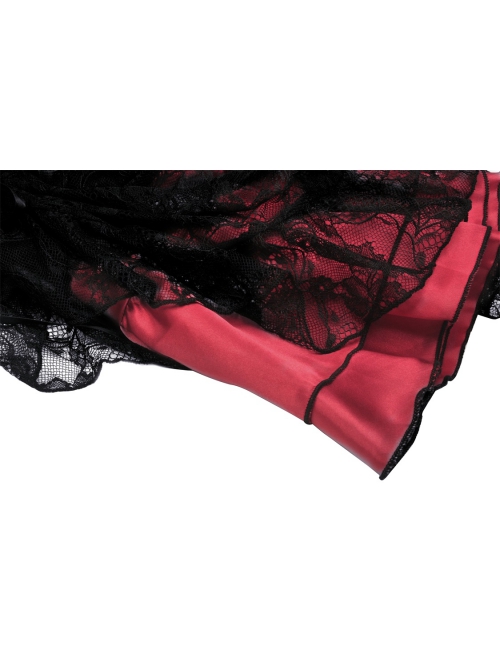 Women Lace Embroidered Print Pleated Trim Red Cross Straps Sexy Mini Skirt