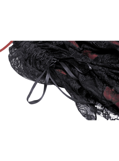 Women Lace Embroidered Print Pleated Trim Red Cross Straps Sexy Mini Skirt