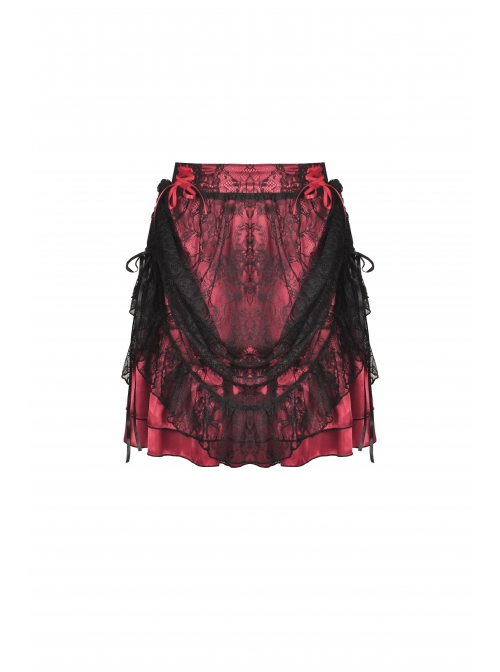 Women Lace Embroidered Print Pleated Trim Red Cross Straps Sexy Mini Skirt