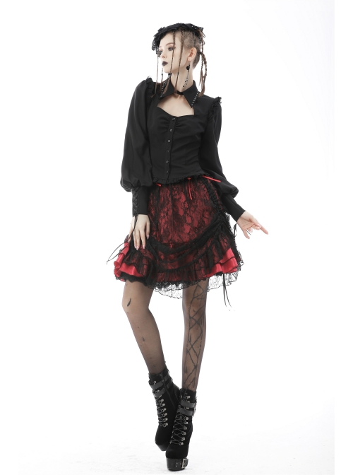 Women Lace Embroidered Print Pleated Trim Red Cross Straps Sexy Mini Skirt