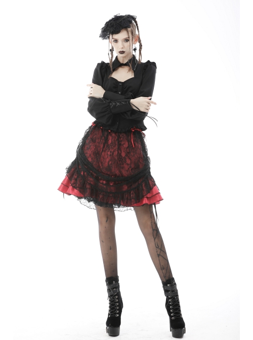 Women Lace Embroidered Print Pleated Trim Red Cross Straps Sexy Mini Skirt