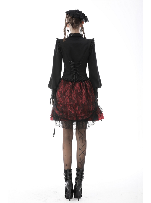 Women Lace Embroidered Print Pleated Trim Red Cross Straps Sexy Mini Skirt