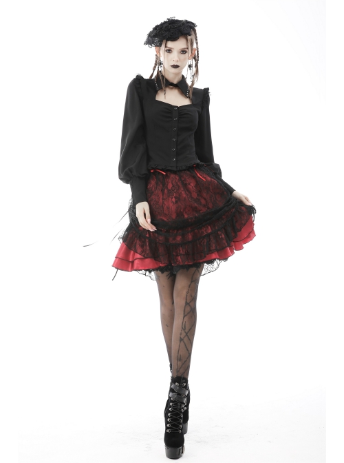 Women Lace Embroidered Print Pleated Trim Red Cross Straps Sexy Mini Skirt