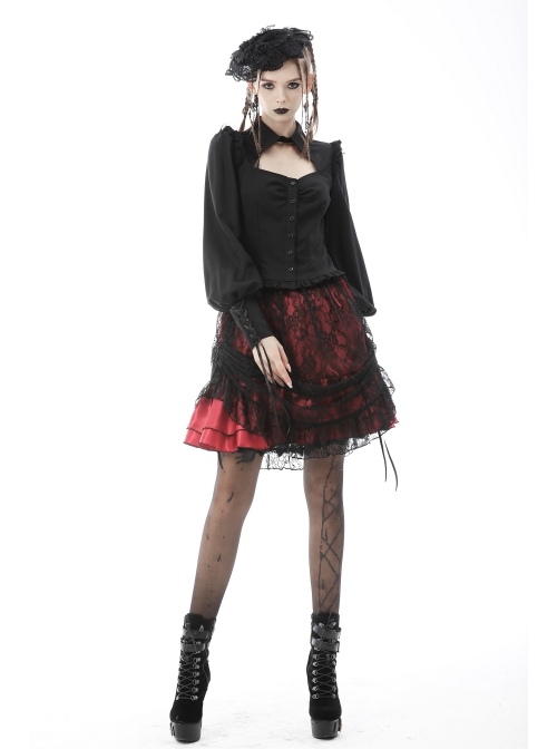 Women Lace Embroidered Print Pleated Trim Red Cross Straps Sexy Mini Skirt