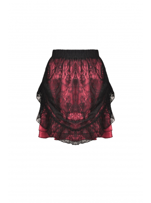Women Lace Embroidered Print Pleated Trim Red Cross Straps Sexy Mini Skirt
