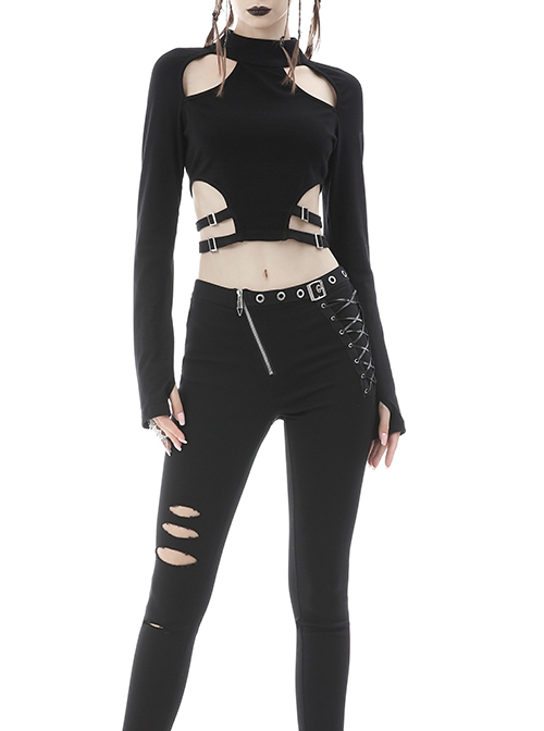 Punk Rebel Cutout Open Waist Buckle Design Sexy  Long Sleeves Crop Top