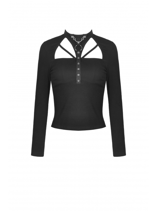 Punk Hollow Out The Sexy Bust Metal Buckle On Chest Drawstring High Neckline Top
