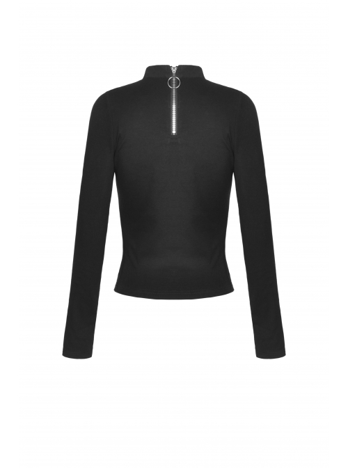 Punk Hollow Out The Sexy Bust Metal Buckle On Chest Drawstring High Neckline Top
