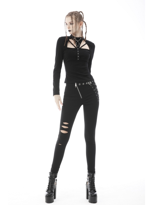 Punk Hollow Out The Sexy Bust Metal Buckle On Chest Drawstring High Neckline Top