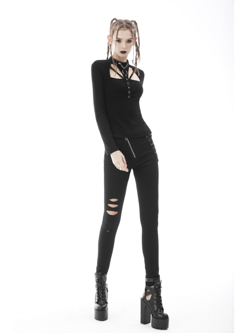 Punk Hollow Out The Sexy Bust Metal Buckle On Chest Drawstring High Neckline Top