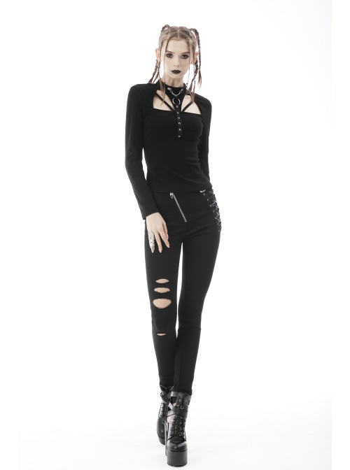 Punk Hollow Out The Sexy Bust Metal Buckle On Chest Drawstring High Neckline Top